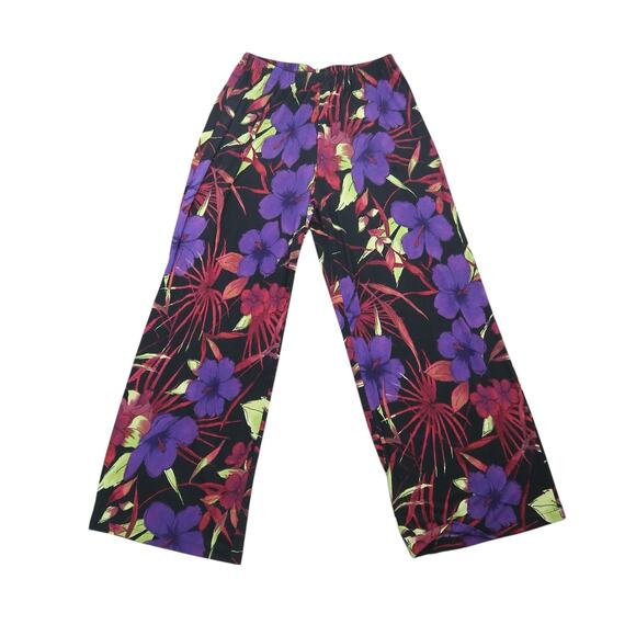 Vintage 90s TravelSmith Black and Purple Hibiscus Floral Slinky Wide Leg Pants M - Picture 1 of 5